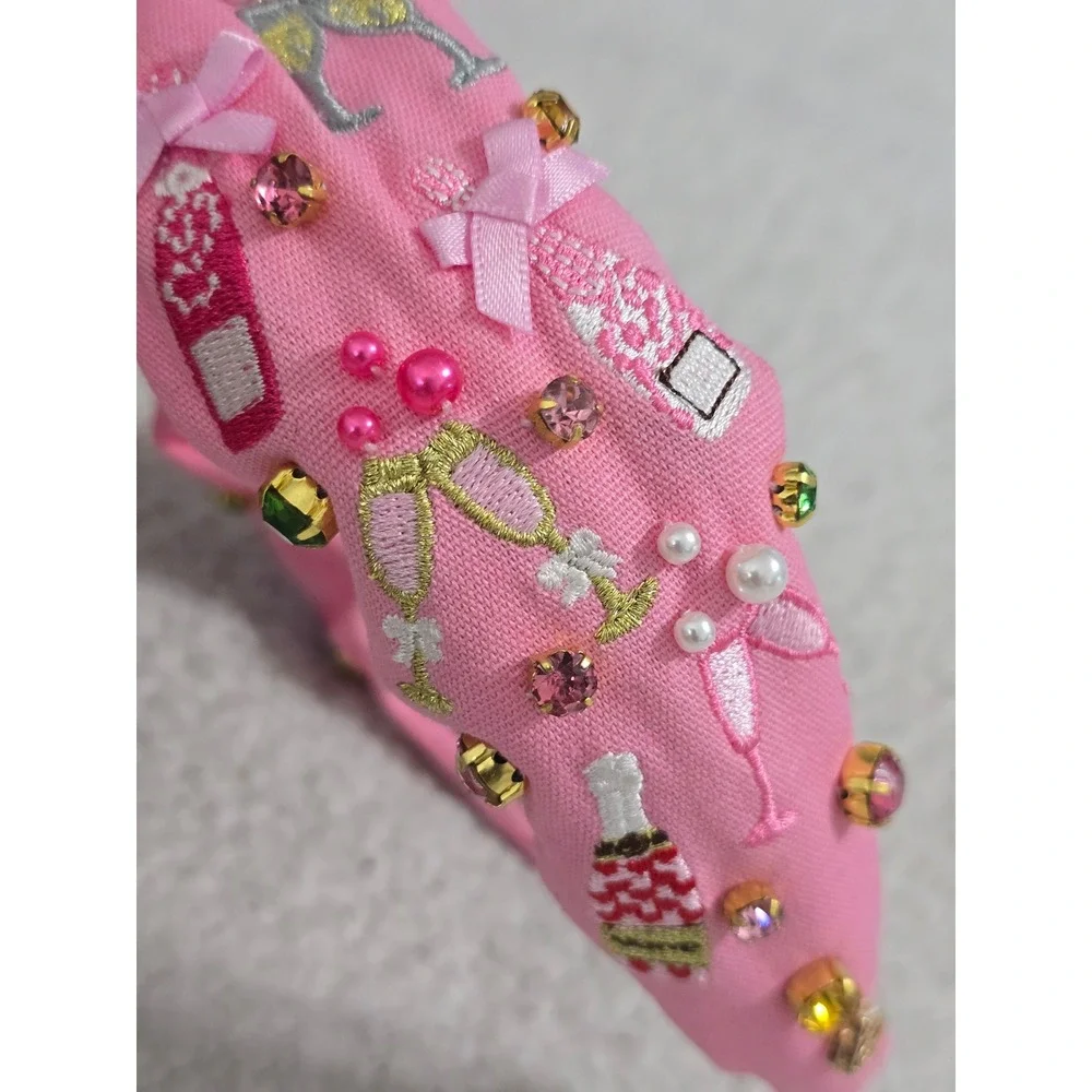 Brianna Cannon Pink Champagne Party Headband Crystals Pearls Embroidered Knotted
